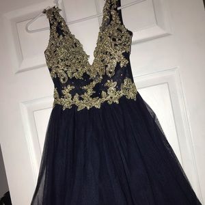Short, navy blue and gold homecoming dress